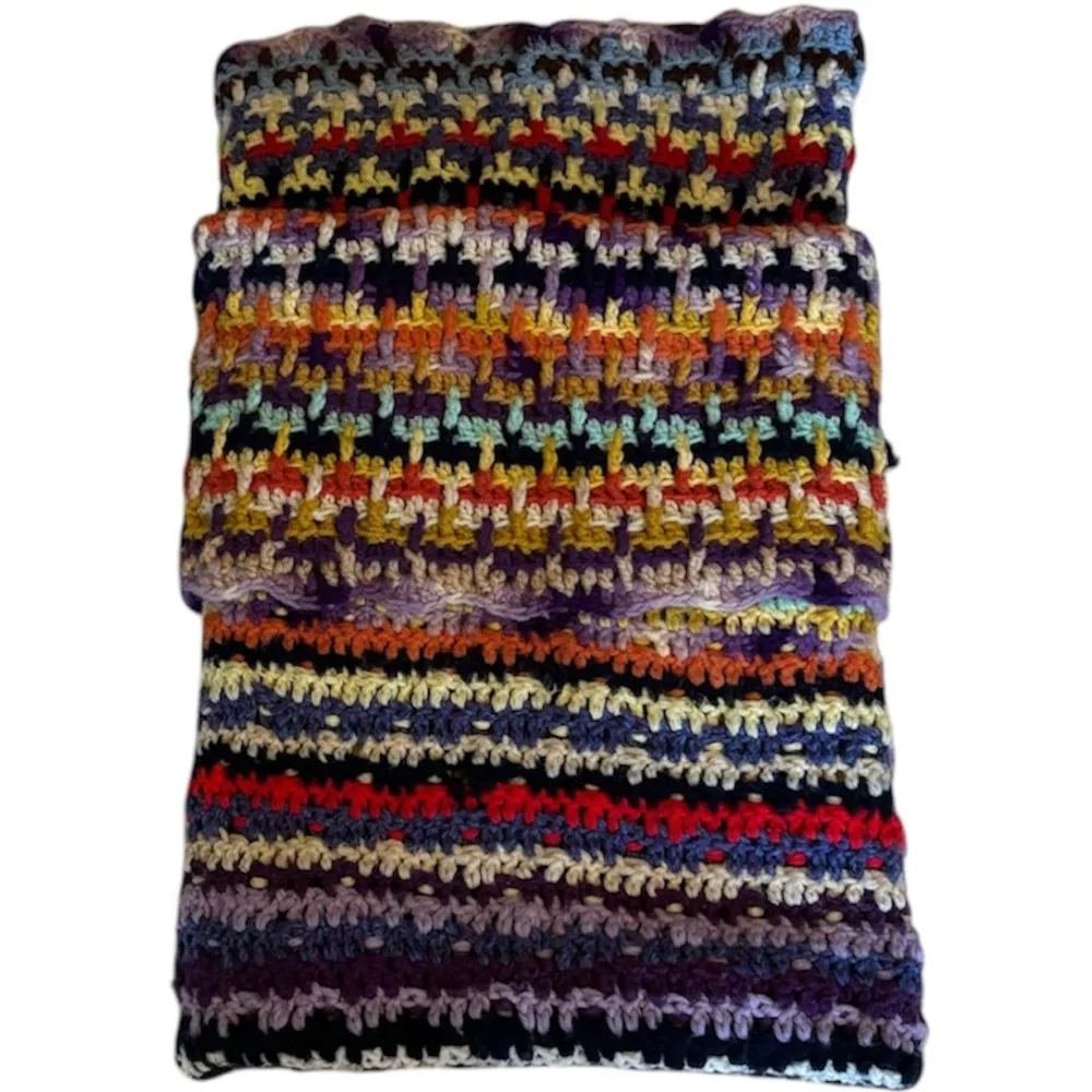 Rare Vintage 60s 70s Multicolor Crochet Afghan Psychedelic Scrappy Blanket Quilt